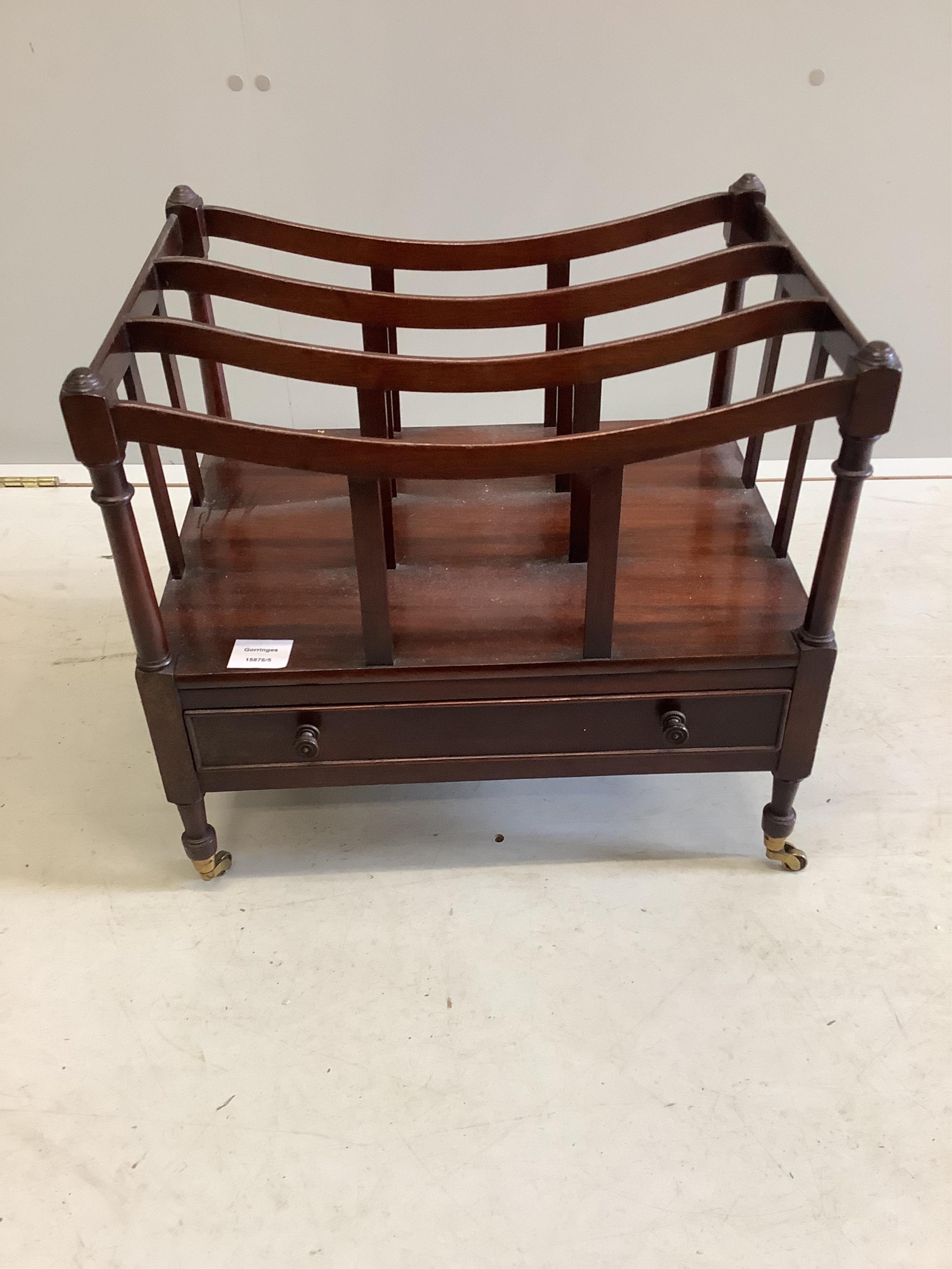 A Regency style mahogany three division Canterbury, width 48cm, depth 36cm, height 46cm. Condition - fair